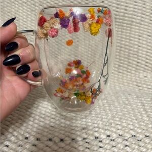 Brand New Double Walled Dried Flower Glass Coffee Mug with Handle. Gorgeous!